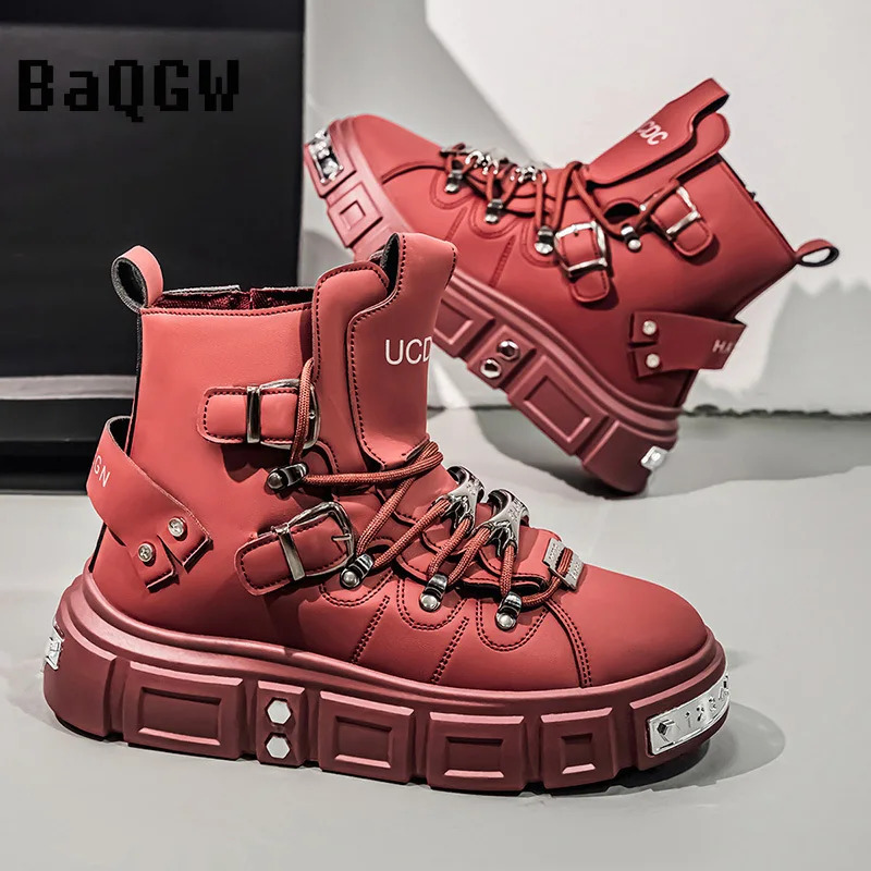 

2026 New Spring Men's White Punk Platform Boots | Chunky Sole Metal Buckle Design High-Top Casual Combat Boots