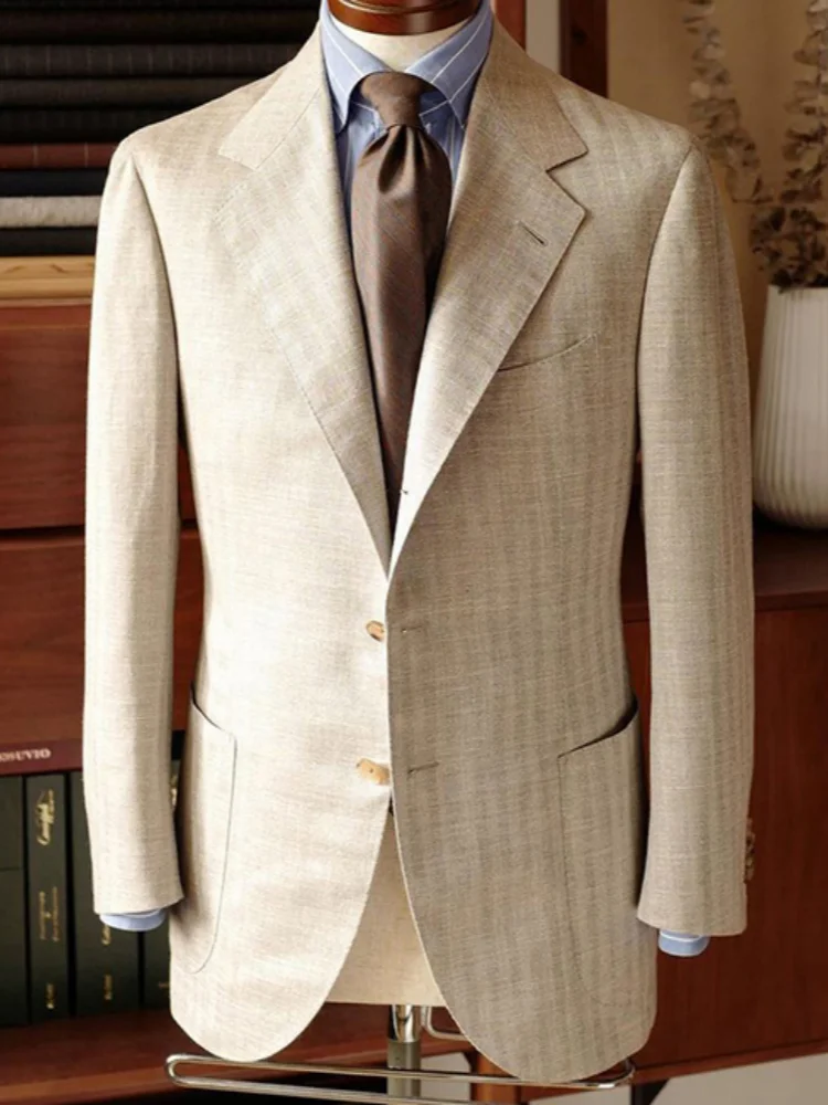 Men's Beige Two Button Suit Jacket Slim Fit Wide Notch Lapel Business Casual Blazer