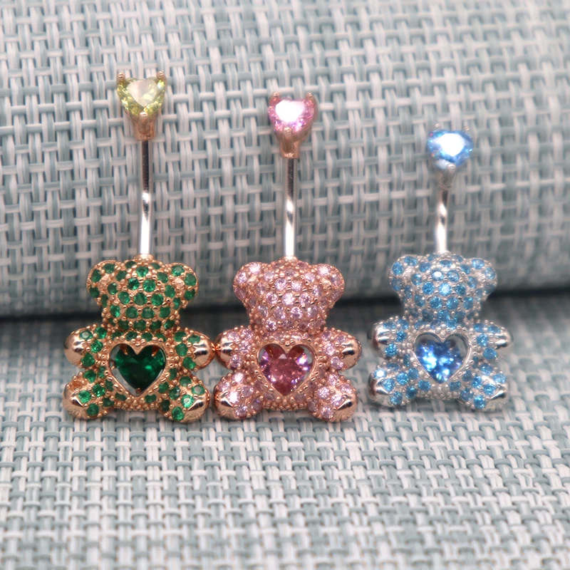 Miqiao umbigo anéis bonito urso 925 prata piercing umbigo nova chegada luxo rosa azul verde corpo jóias