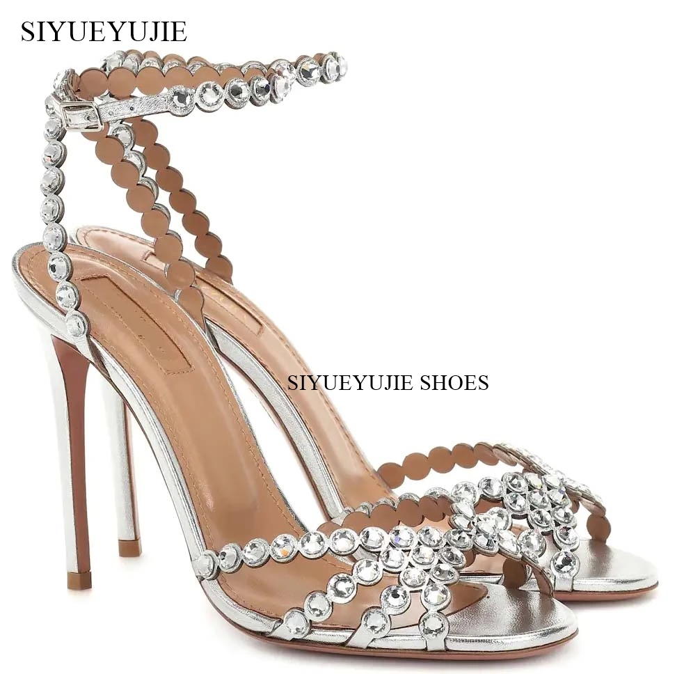 Red Rhinestone Luxury Sandals Round Toe Thin High Heels Open Toe Buckle Strap Sandals Hottest Fashion Sexy Summer Women Shoes