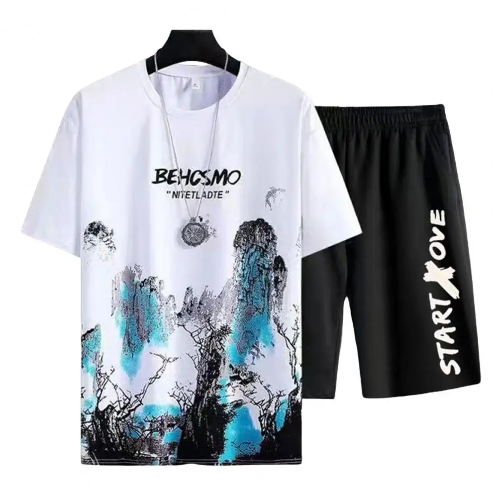 2Pcs/Set O-Neck Short Sleeve Jogger Outfit Pockets Ice Silk Men Mountain Scene Print T-shirt Wide Leg Shorts Set Streetwear