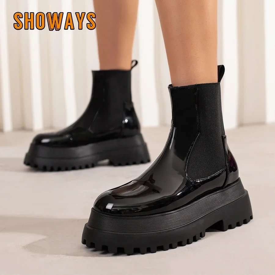 

Winter Women Platform Chelsea Boots Patent Leather High Thick Heels Office Dress Lady Retro Round Toe Slip-on Plush Ankle Boots