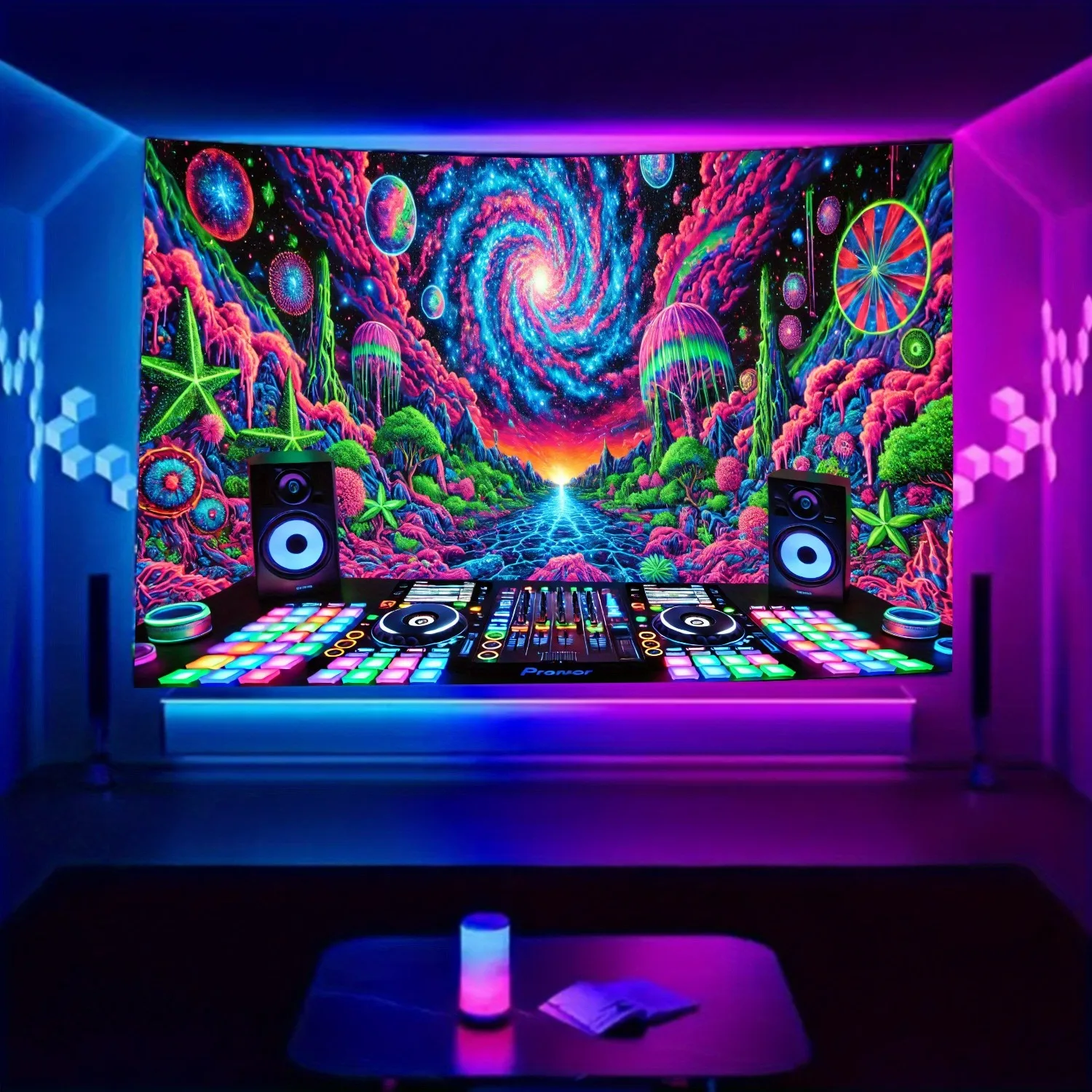 DJ in Cosmic Landscape Neon Tapestry,UV tapestry wall hanging bedroom home party decoration
