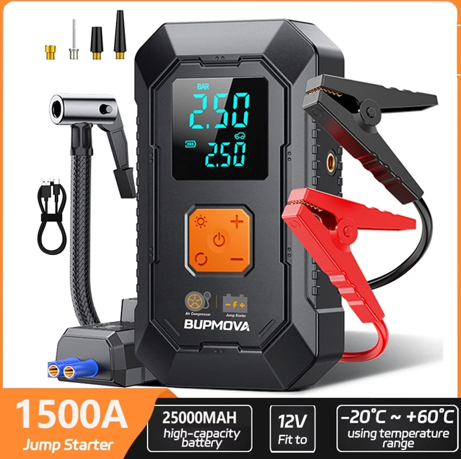 Démarreur de batterie 1500A, Power Bank, Dispositif de démarrage, Chargeur portable, Booster d'urgence, Démarreur de batterie de voiture 12V, Démarreur de batterie automobile, Gonfleur de pneus, Power Bank avec pompe à air pour tous véhicules essence et diesel 10.0L, Câbles intelligents avec 10 fonctions de protection
