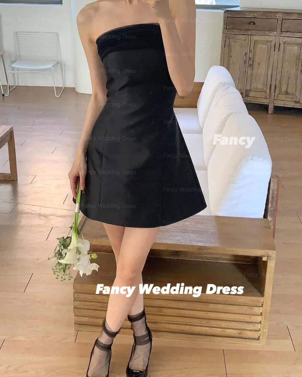 يتوهم بسيط أسود فستان الزفاف البسيط لينة الساتان أكمام فساتين السهرة الظهر البريدي مشد مخصص مع شال