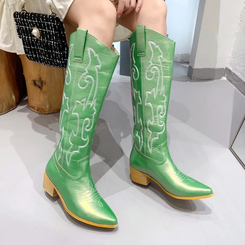 

Fashion Embroidery Long Boots Women Chunky High Heels Pointed Toe Women Knee High Boots Cowgirl Women Boots White Western Boots