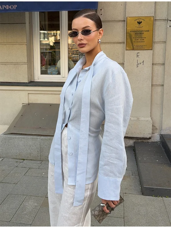 

Light Blue Linen Blend Women Shirt Casual Long Sleeve Button Front Turn-down Collar Waist Blouse Ladies Daily Street Top 2026