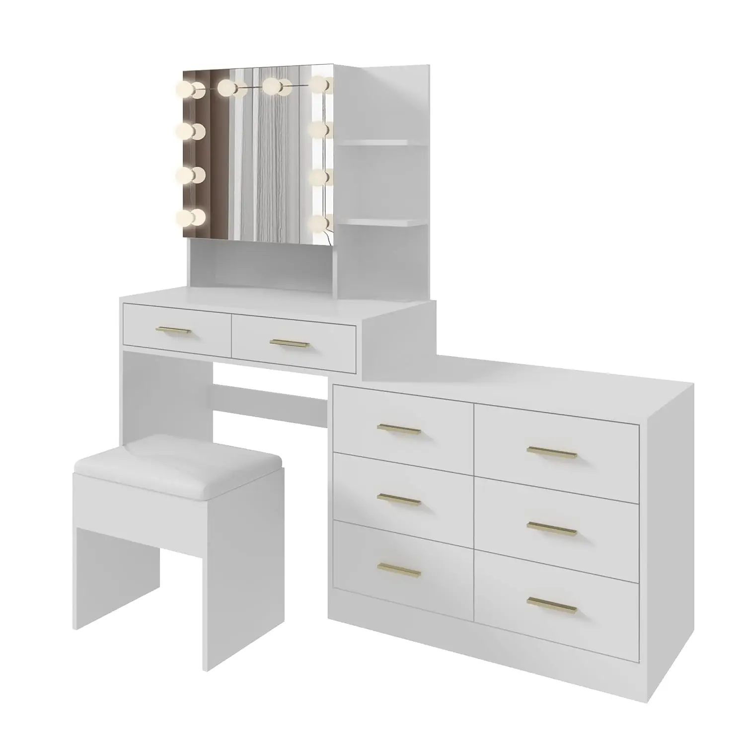i*-59'' Vanity Desk with Mirror and Lights, White Makeup Vanity Set with Mirror Cabinet & 8 Drawers, Large Vanitys, Customized