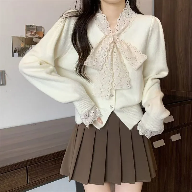 Sweet French Patchwork Vneck Lace Bowknot Women Short Knit Cardigan Long Sleeve Spring Autumn Fashion Top Wear To Work
