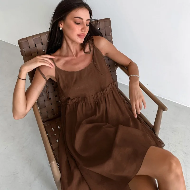 Cotton Linen Suspender Dress Spring and Summer Women's Beach Style Fake Casual Loose Soft Ruffled Edge A-line Suspender Dress