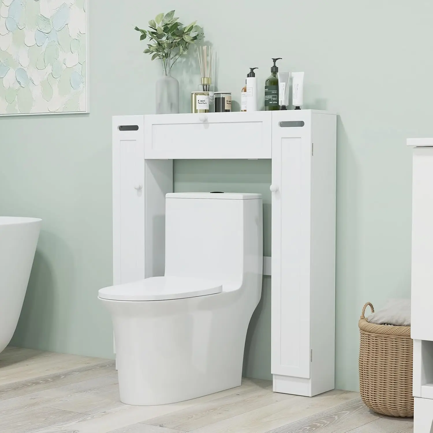 Freestanding Toilet Storage Cabinet Adjustable Shelves & Paper Holder Side & Pull-Down Door Space Saving White Bathroom