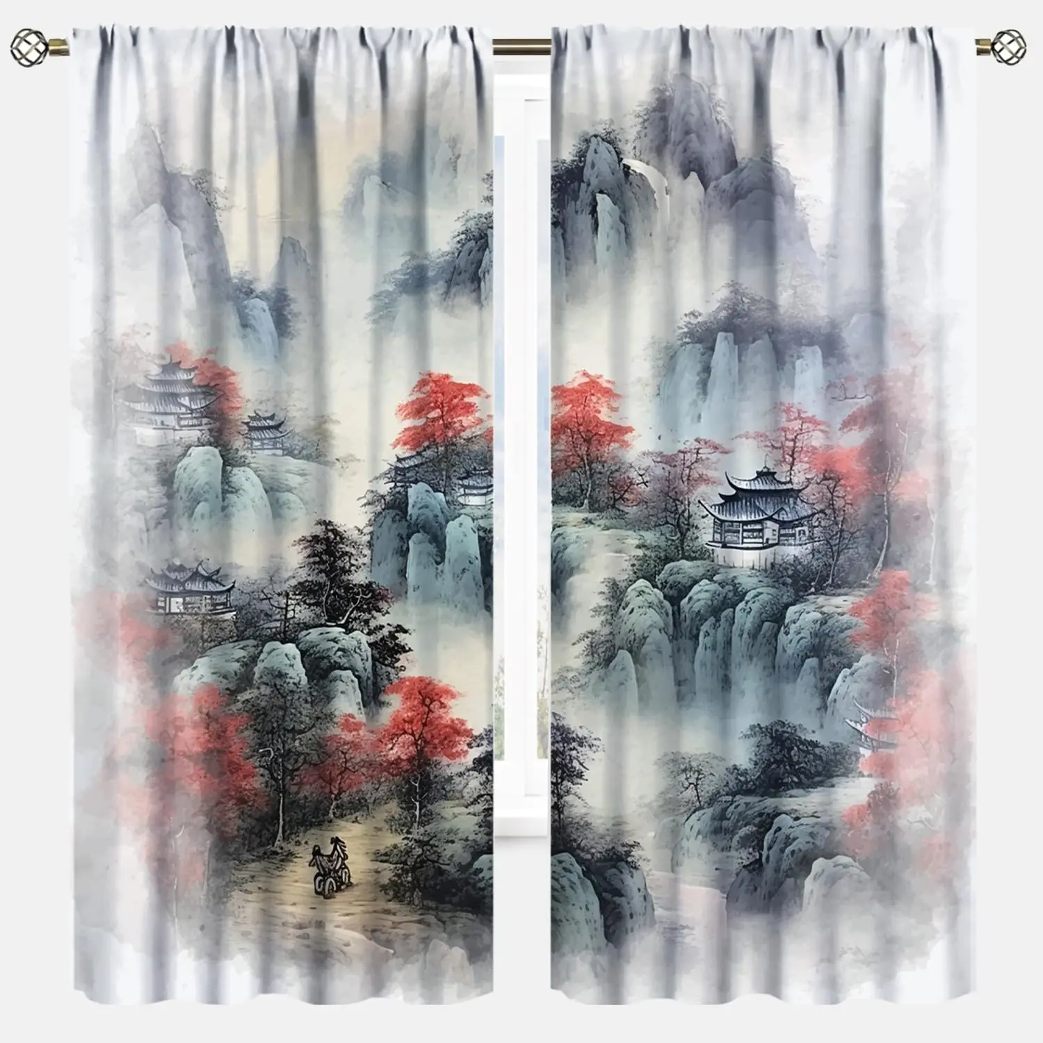 Retro Ink Wash Mountain Cottage Red Maple Print Blackout Rod Pocket Curtain Grey Mist Zen Homestay Bedroom Rest Bay Window
