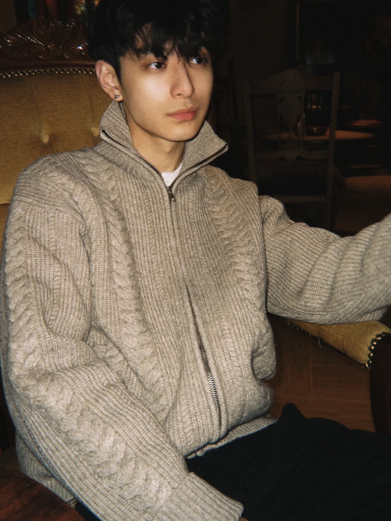 

Американский ретро пшеничный шип воротник на молнии мужской зимний теплый повседневный универсальный трикотаж текстурированный свитер удобный свободный крой