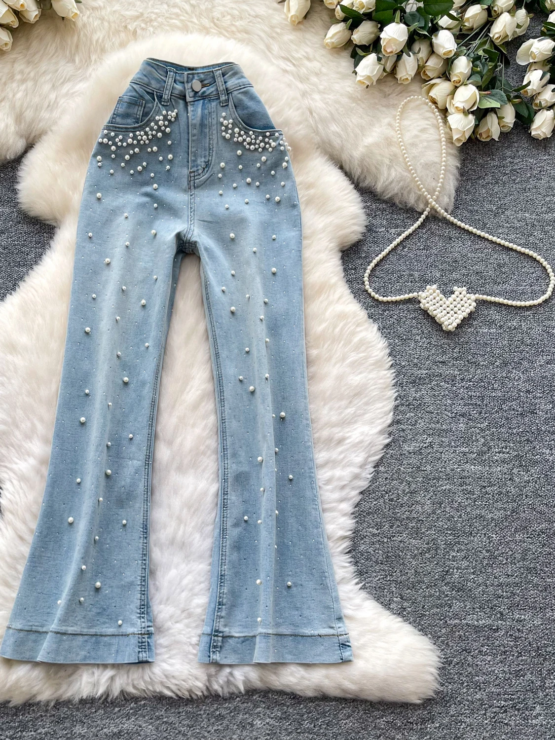 

American Style High Waist Bell Bottom Skinny Jeans Retro Glittering Zipper Closure Classic Blue Color Versatile Floor Length