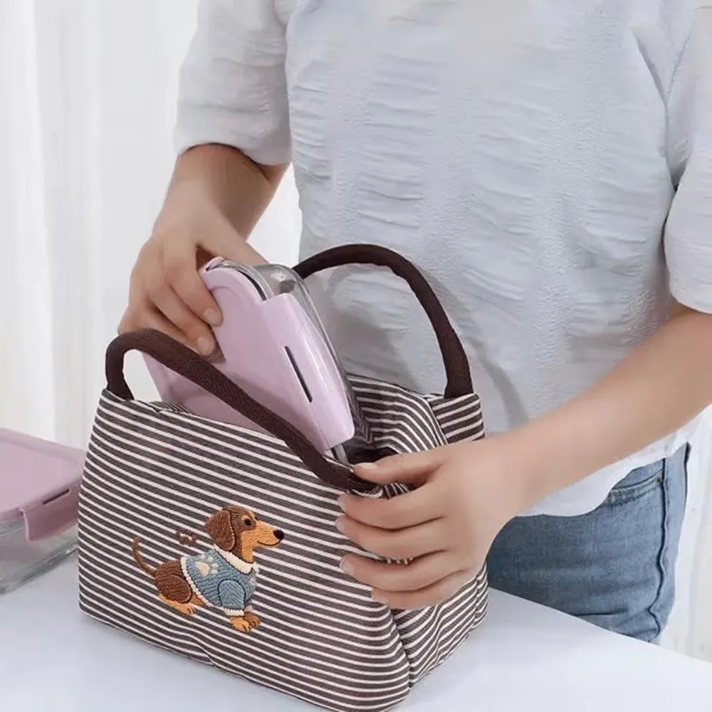 Cute Puppy Embroidery Thermal Lunch Bag Insulated Portable Tote Bag Striped Handheld Food Container Bag Picnic