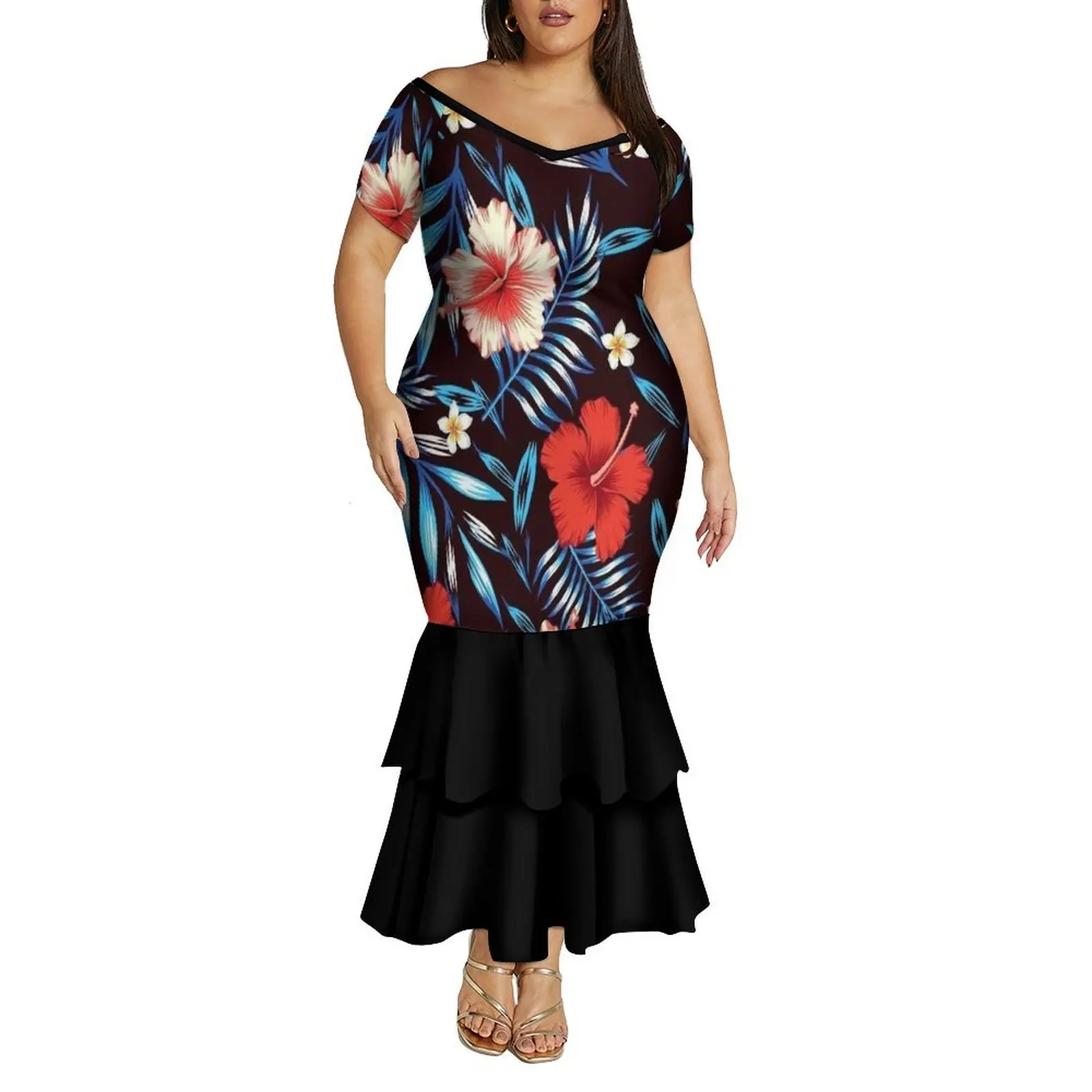 Custom-Made Polynesian Women'S Dress With Double-Layer Patchwork Mermaid Hem Pattern Summer Short-Sleeved Slim V-Neck Long Dress