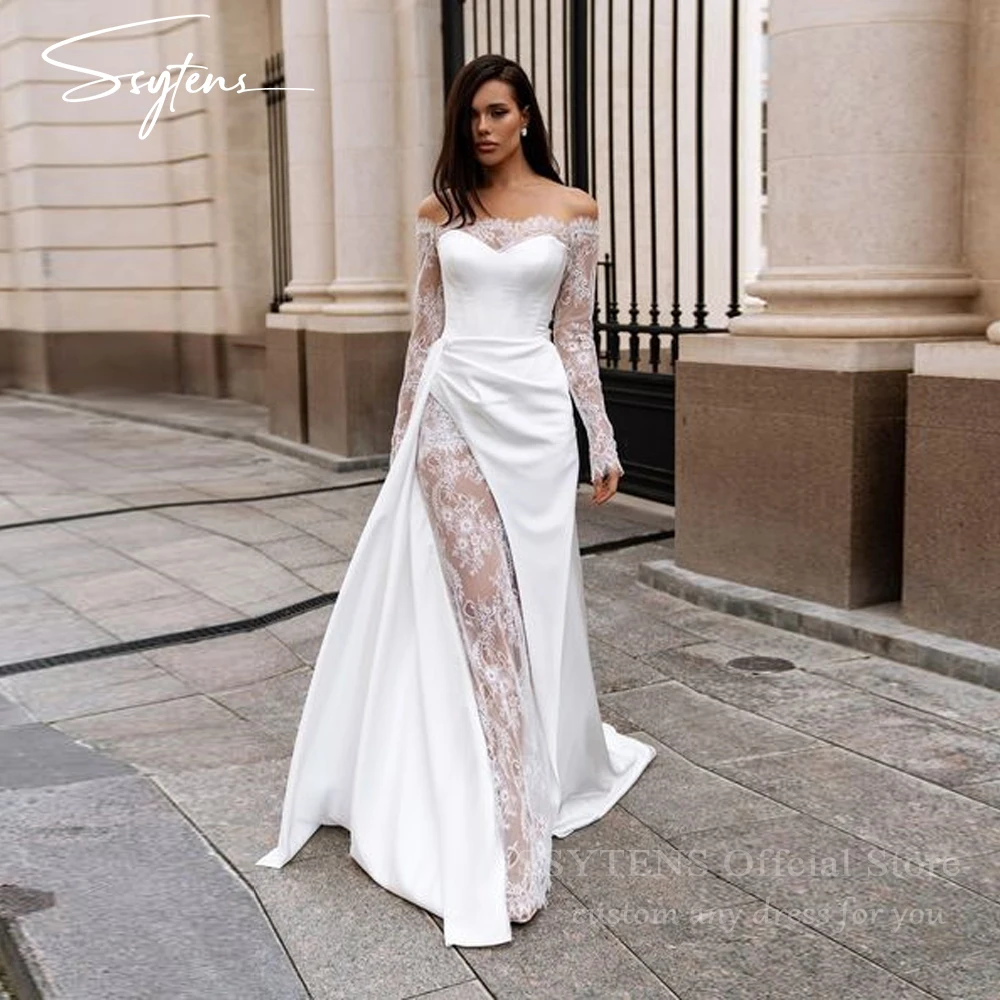 SSYTENS Elegant Wedding Dresses Off the Shoulder Women Sexy Slit Bridal Gowns Illusion Long Sleeves Bride Party Dress Vestidos