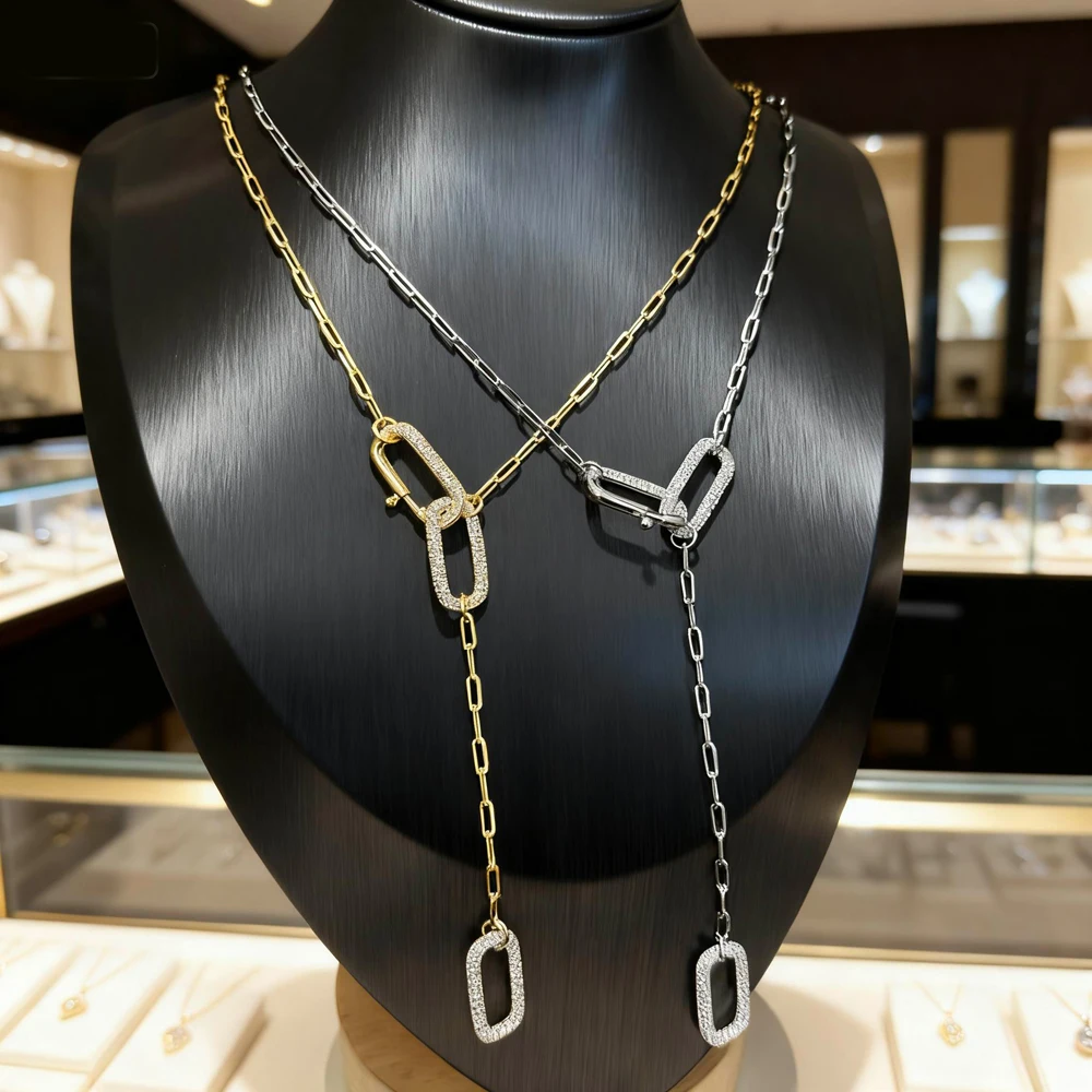 

New Hot Fashion Square Long Y Lariat Necklace Micro Bling Cubic Zirconia for Women Classic Trendy Sweater Chain Party Jewelry