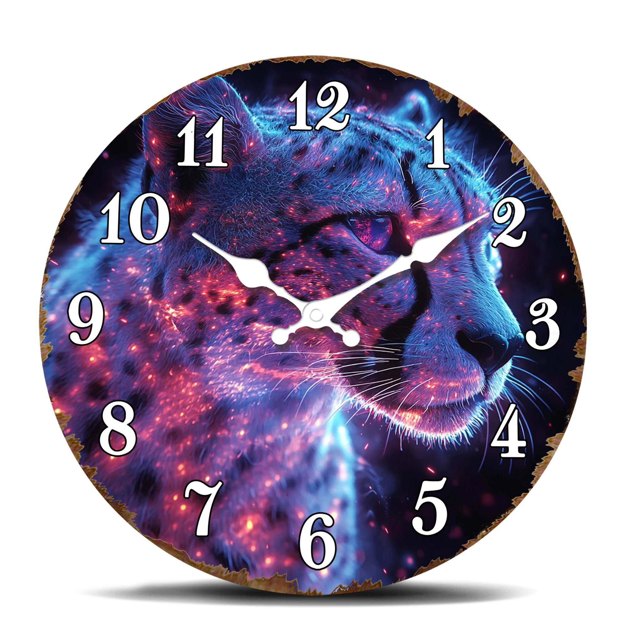 Nebula Gepard Portrait Wanduhr, runde Uhr mit kosmischer Tierkunst, einzigartiges Galaxie-Design, geräuschlose Wanduhr für moderne Innenausstattung