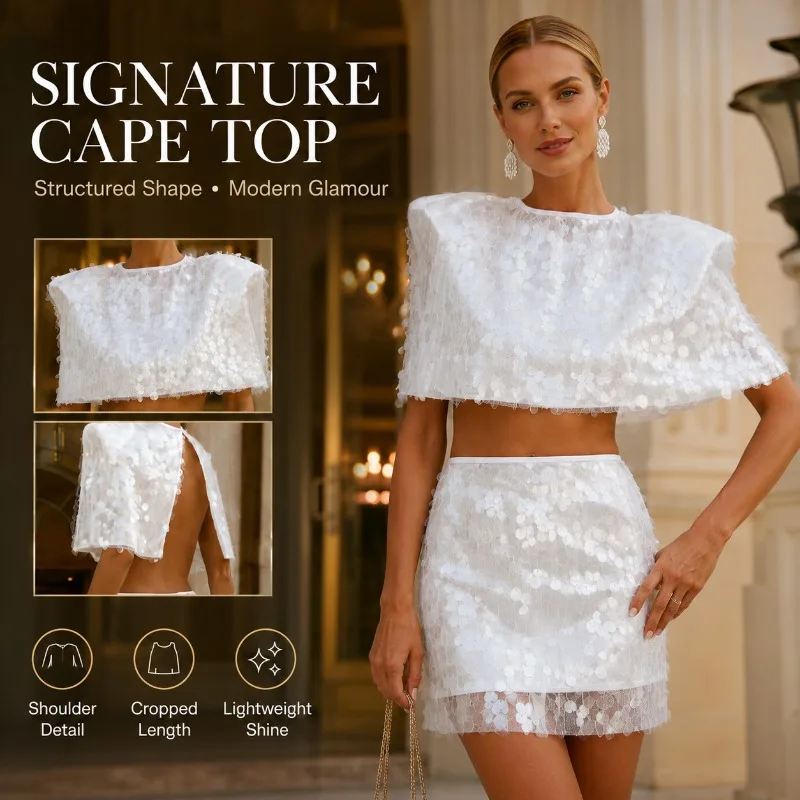 Women White Sequin Two Piece Set Cape Crop Top Bodycon Mini Skirt Elegant Party Club Birthday Evening Outfit