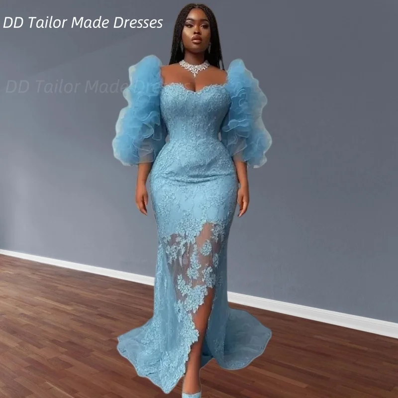 فستان Aso Ebi للحفلات الراقصة من الدانتيل مع طبقات من التل وأكمام جانبية وفتحة جانبية فستان سهرة طويل سويب تراين مخصص ملابس رسمية للحفلات