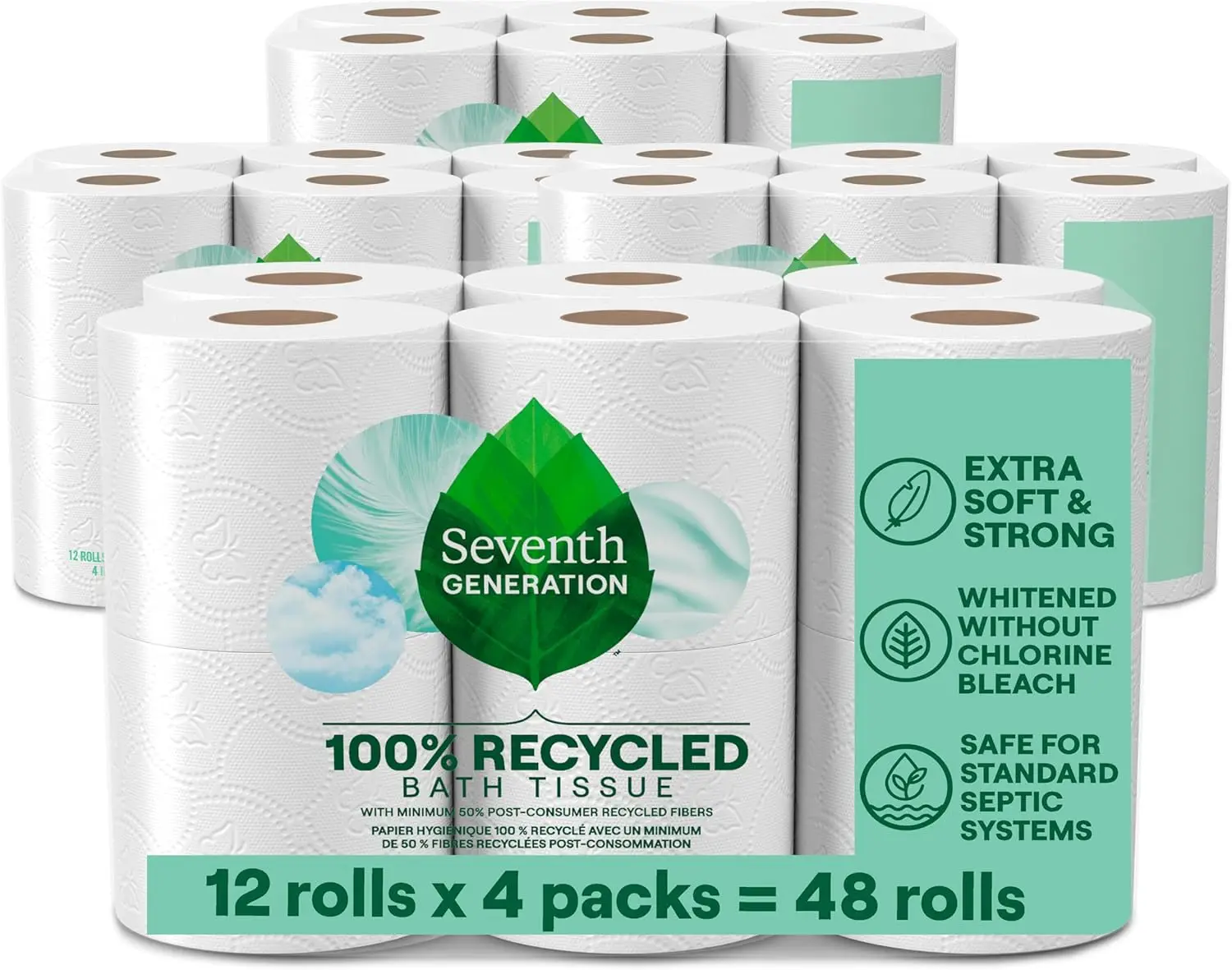 

Eco-Friendly Recycled Toilet Paper, 2-Ply, Chlorine-Free, 12 Rolls in a 4-Pack for Sustainable Bathroom Use