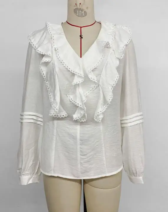 Woman Blouse 2025 Spring Autumn New Slid Color Lace Ruffle Design V-Neck Long Sleeve Loose Fit Casual Daily White Shirt