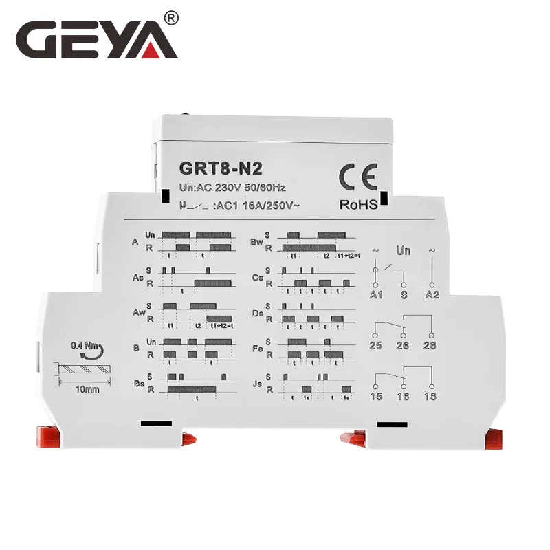 GEYA Extended Multifunction Time Relay (Timer Delay) - 10 Functions, AC DC 12V/24V/220V/230V, 16A