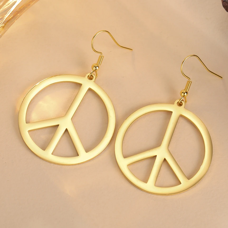 Stainless Steel Peace Sign Symbol Drop Earrings Vintage Amulet
