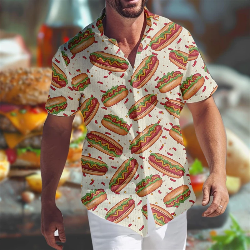 Hamburger Fries Graphic Shirts For Men Clothes Fashion Fastfood Lapel Blouse Funny Food Aloha Beach Shirt Male Streetwear Tops