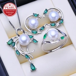 FENASY 925 Sterling Silver Freshwater Pearl Emerald Jewelry Sets Leaf Earrings Necklace Pendant Engagement Ring Sets For Women