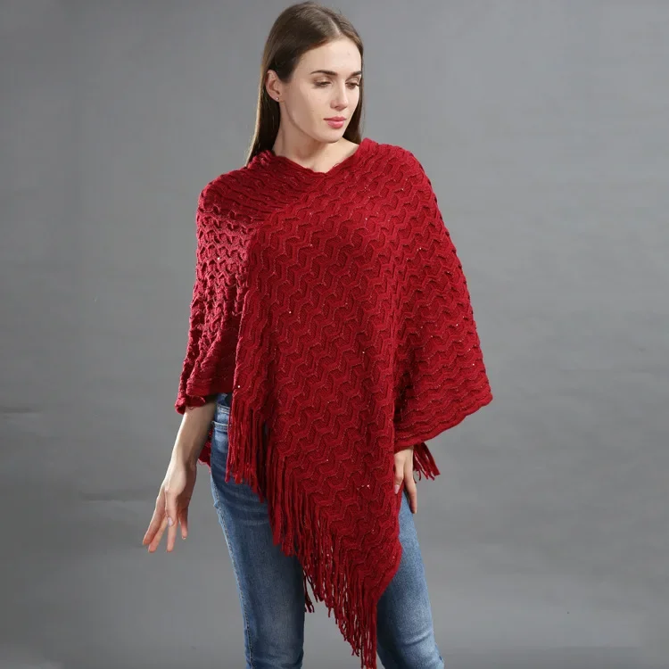 Spring Autumn Women Loose Versatile Solid Knitwear Pullover Fashion Street Poncho Lady Capes Red Cloaks