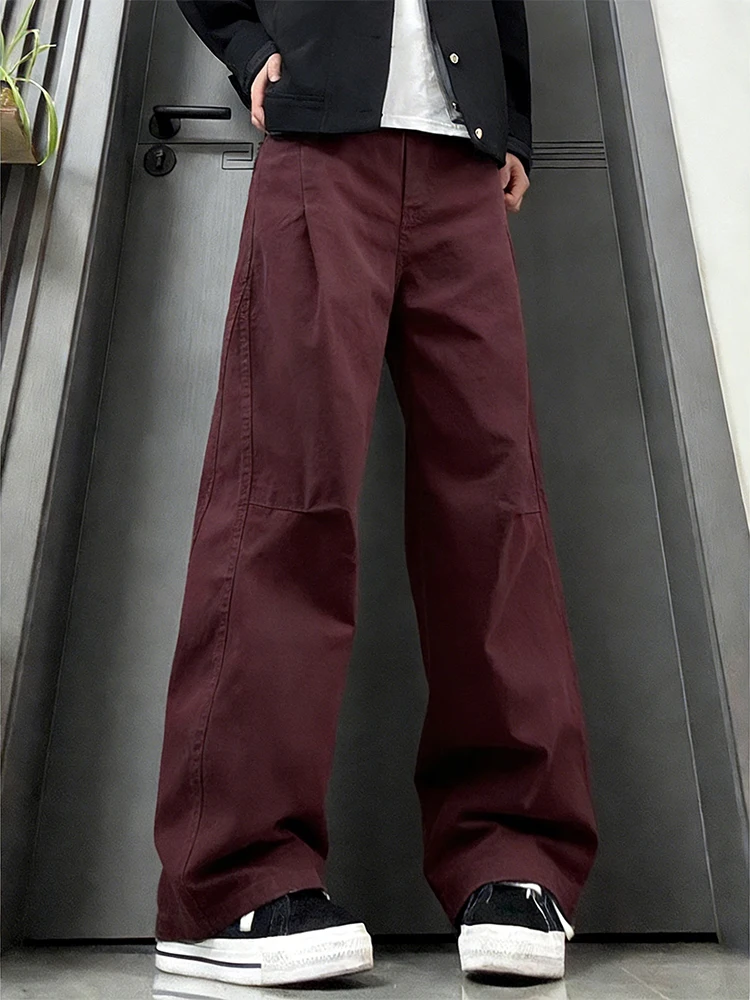 Retro American Wine Red Men's Work Pants Spring Autumn High Waist Straight Leg Knife Folded Casual Loose Flared Trousers