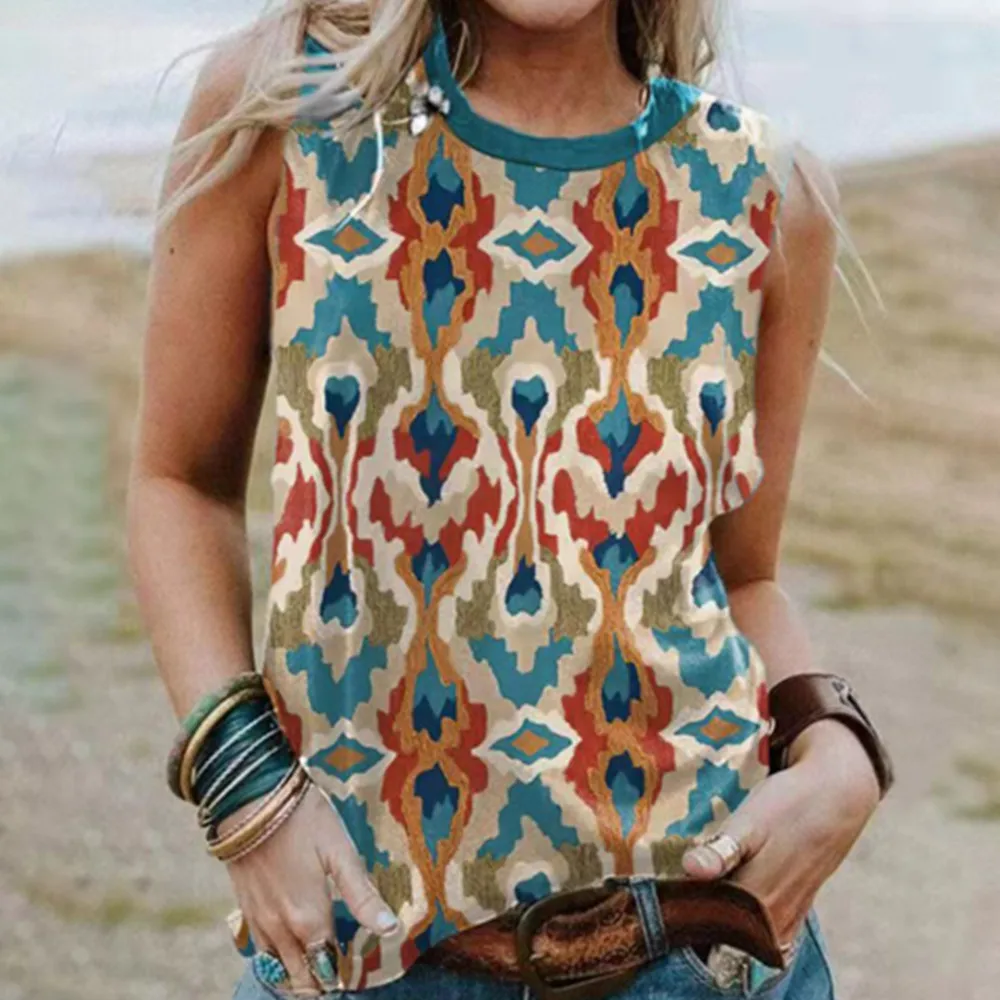 Geometry 3D Print Ethnic Style Tank Tops Women Casual Vintage Oversized Vest Girl Fashion Sleeveless Y2k Camisole Woman Clothing