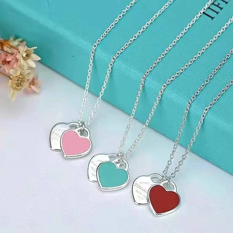 Popular Online Necklaces Sold In Red Blue Pink Minimalist And Versatile Styles Dropping Oil Double Love Necklaces Cute/romantic