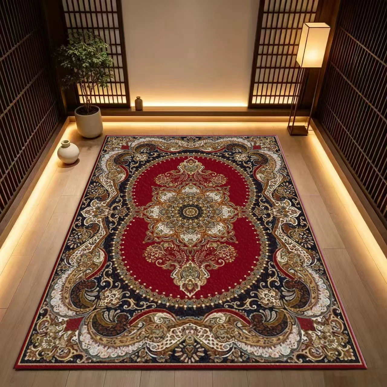Red Vintage Persian Medallion Square Area Rug Non-Slip Oriental Ornate Floor Carpet for Living Room Hall Home Decor