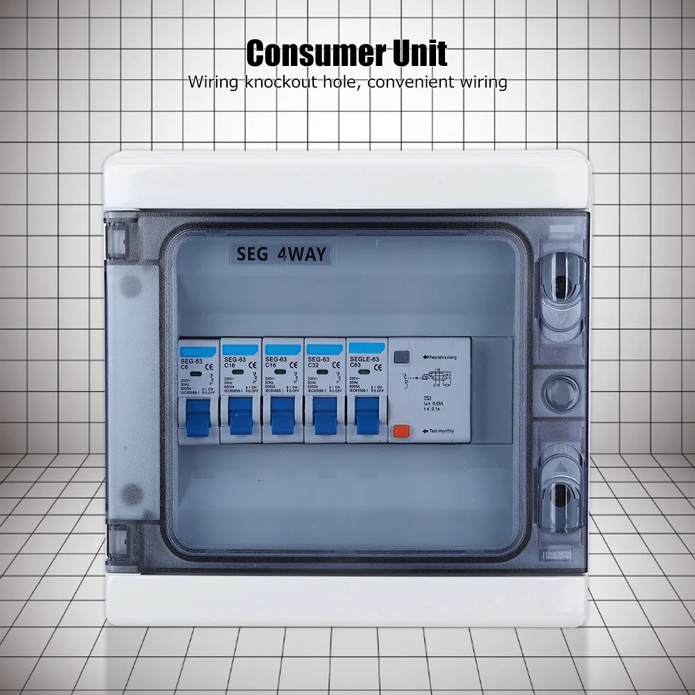 

IP65 Waterproof 4 Way RCD+MCB Distribution Box 63A 30mA Leakage Protection 6A+16A+16A+32A Circuit Breaker Combo