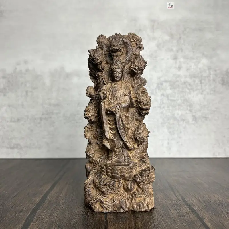 Agarwood Carved Nine Dragon Guanyin Statue Hand-Carved Standing Lotus Avalokitesvara Sculpture Home Worship Ornament  Decor