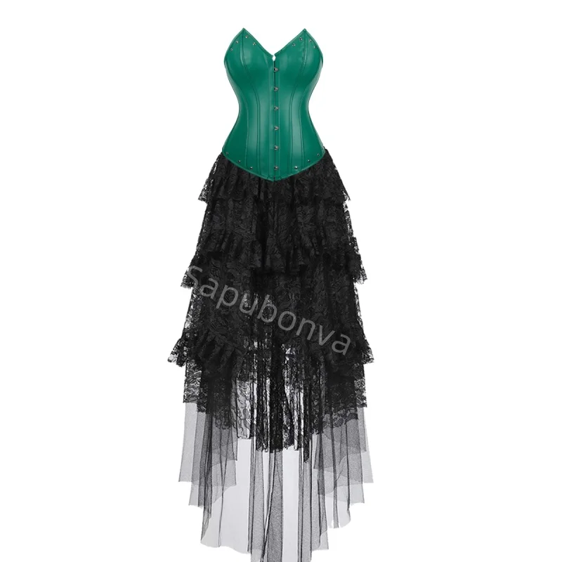 

Corset Dress Costume long skirt Set With leather Bustier Costume Party Sexy Burlesque Ladies Outfit Plus Size Gothic Halloween