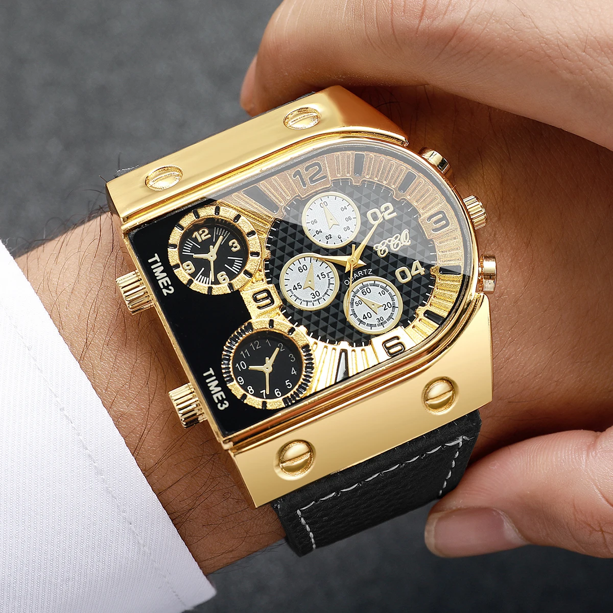 Luxury Decorative Five-eyes Dial Men Business Watches Casual Square Leather Strap Sports Watches Reloj Hombre (Without Box)