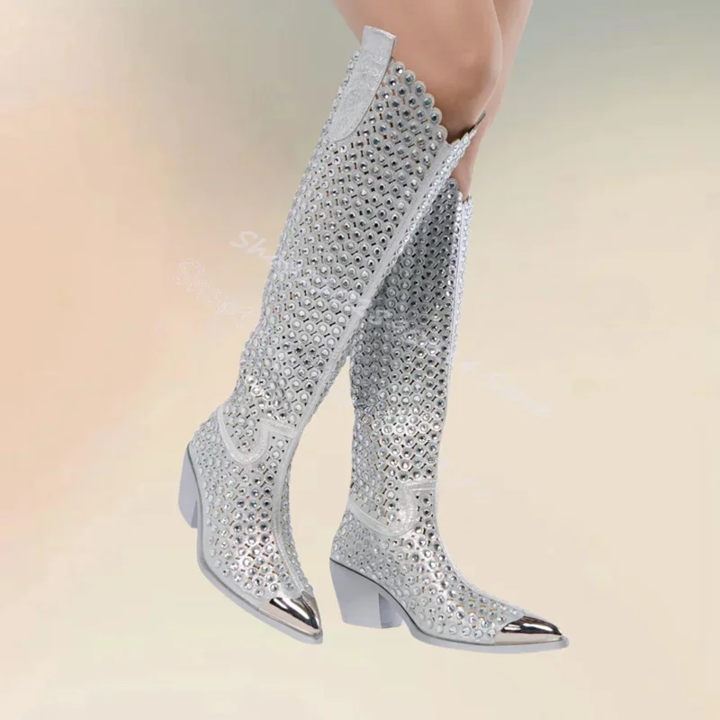 

Silver Rhinestone Decor Metal Pointed Toe Boots Back Zipper Women Shoes Chunky High Heels Party Feast 2024 Zapatos Para Mujere
