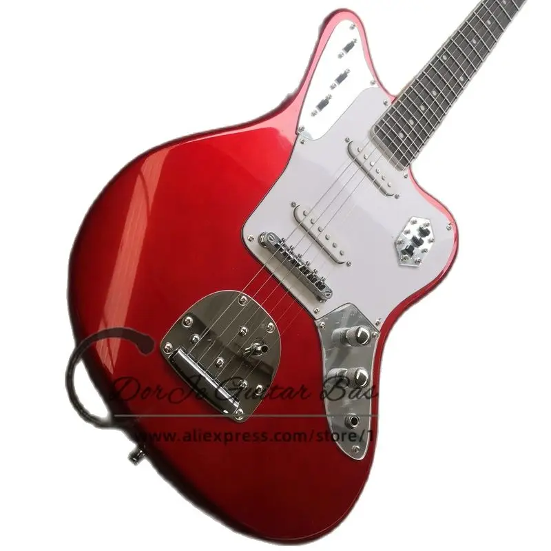 Metal Red electric Guitar Fixed bridge basswood body Yellow neck Rose wood fingerboard white pickup guard Jag Guitar Factory cus