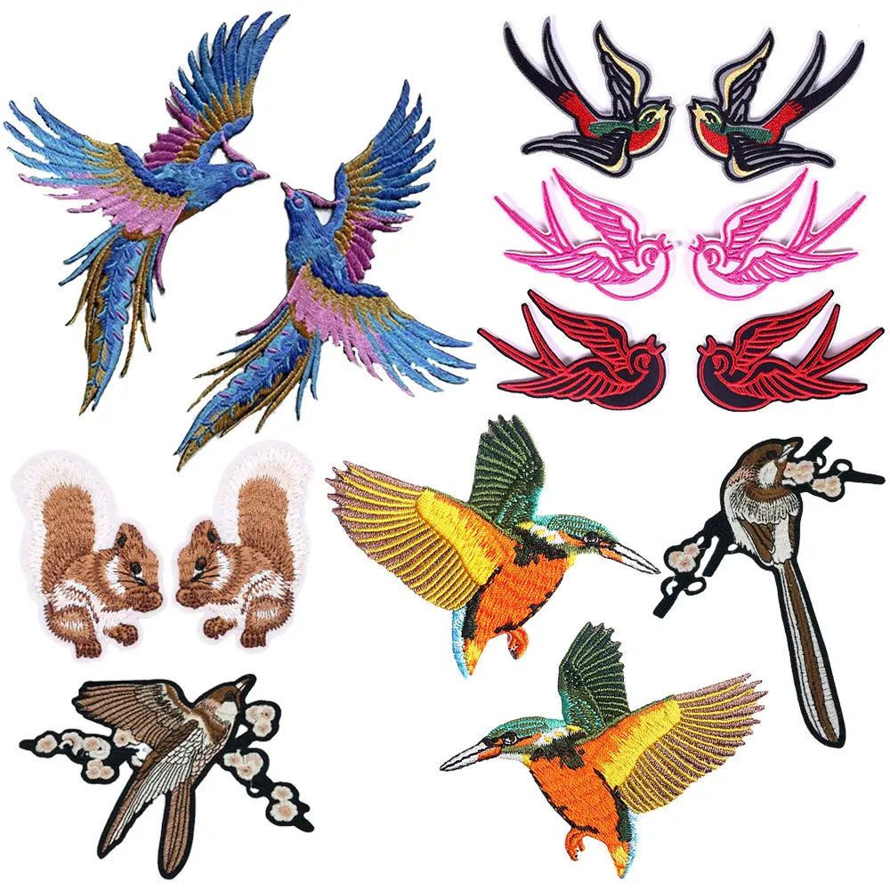 Phenix Birds Azure Blue Pink Gold Embroidered Appliques Iron-On Patches Pair DIY Badge Costumes Denim Jackets Bag Embellishments