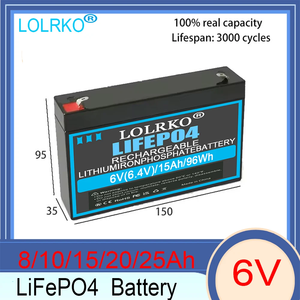 6V 8Ah LiFePO4-Batterie mit BMS, wiederaufladbare Lithium-Eisenphosphat-Batterie 6V 20Ah für Notlicht/Kinderwagen