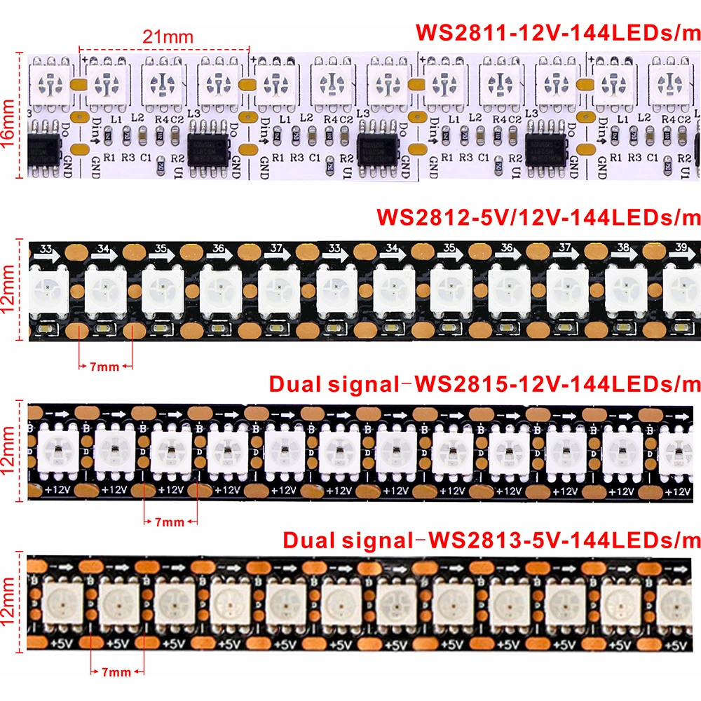 1-3M WS2812B WS2815 WS2813 144 pixels/leds/m Led Strip Addressable IC Smart 5050 RGB led Strip light IP30/IP65/IP67 DC5V/12V