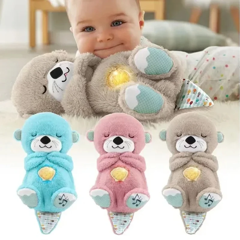 Baby Plush Doll Breathing Bear Soothing Sleep Playmate white Otter Toy Kids Music Sleeping Companion Sound Light Doll Toy Gift