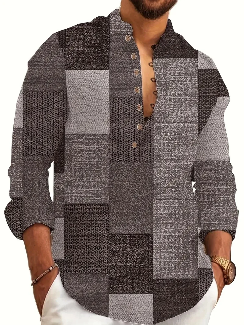 New men's linen short-sleeved shirt, fashionable, retro style, ethnic totem print, comfortable and breathable, men's top