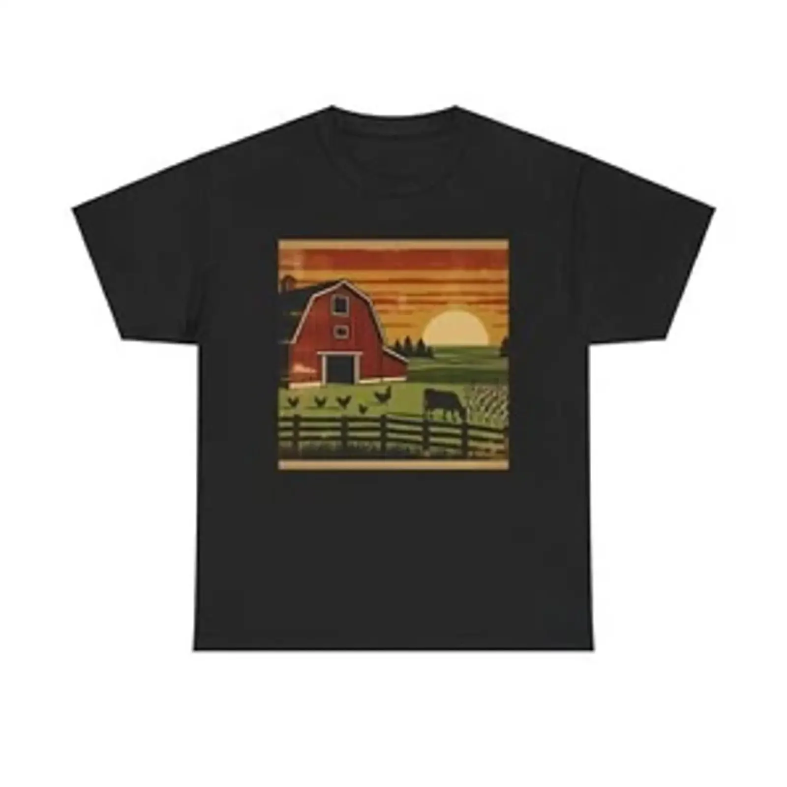 Adult T Shirt Vintage Style Barnyard Sunrise Art vintage Washed Slightly Unisex Casual designer clothes streetwear Soft