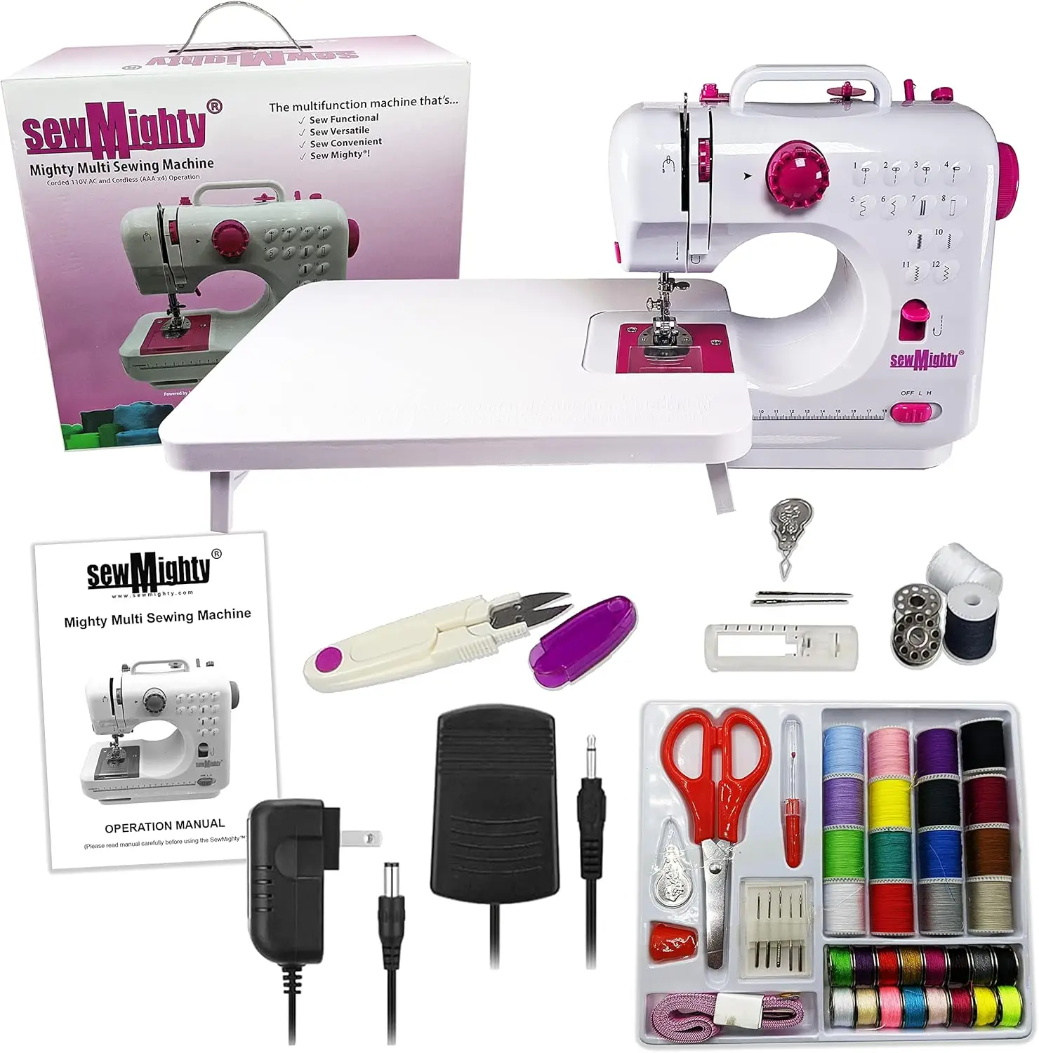 

Mini Sewing Machine 12 Stitch Patterns Dual Speed Forward Reverse AC/DC Battery Powered with Foot Pedal