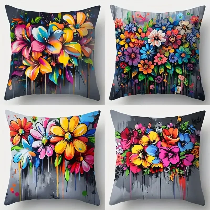Vibrant Floral Bouquet Throw Pillow Covers Set - Four Pieces for Living Room, Bedroom, or Sofa Decor